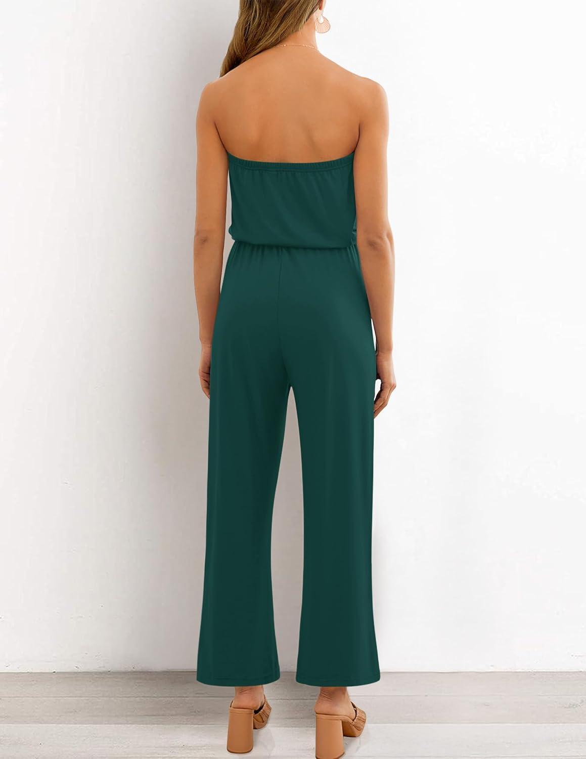 imageZESICA Womens Casual Off Shoulder Solid Color Strapless Belted Wide Leg Jumpsuit RomperDarkgreen