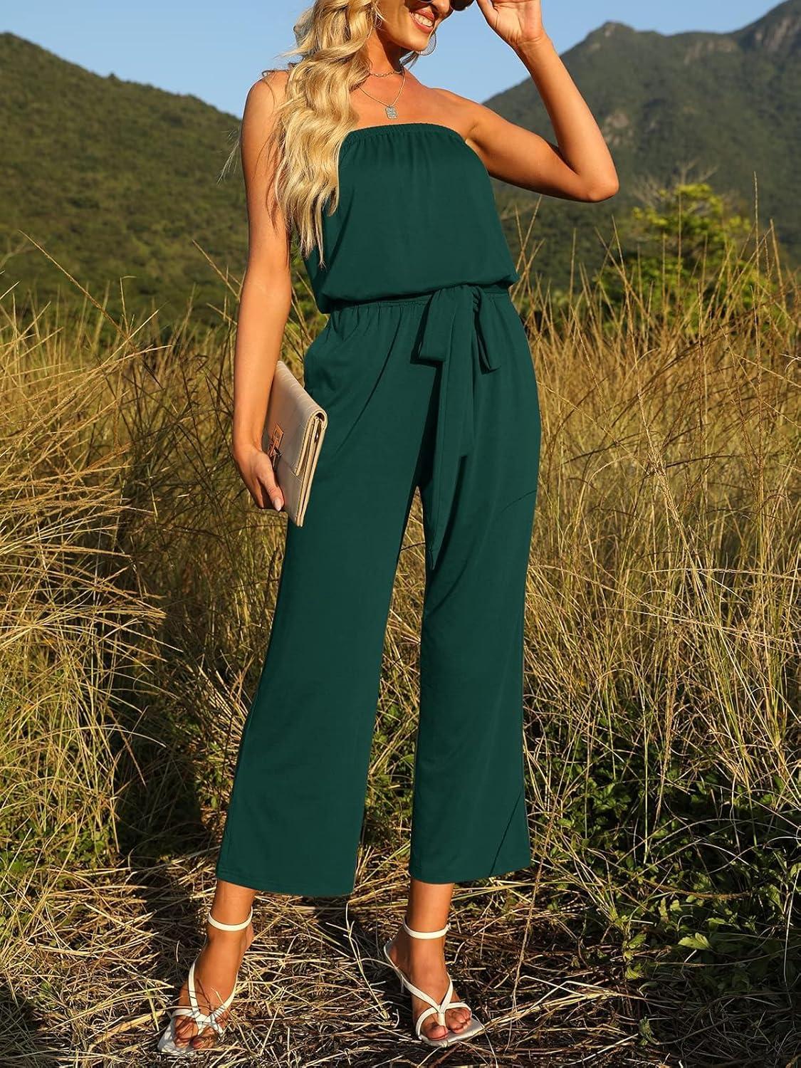 imageZESICA Womens Casual Off Shoulder Solid Color Strapless Belted Wide Leg Jumpsuit RomperDarkgreen