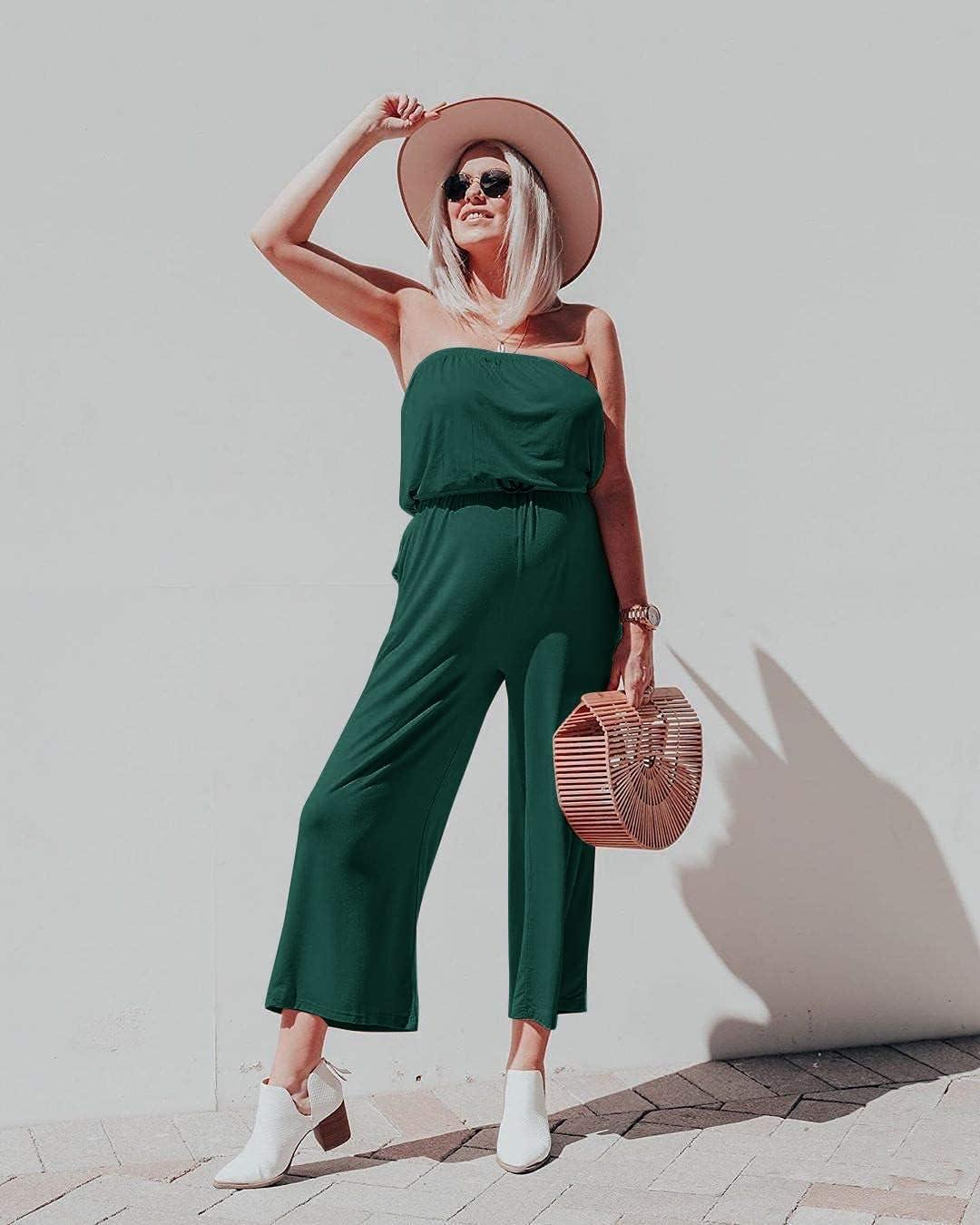 imageZESICA Womens Casual Off Shoulder Solid Color Strapless Belted Wide Leg Jumpsuit RomperDarkgreen