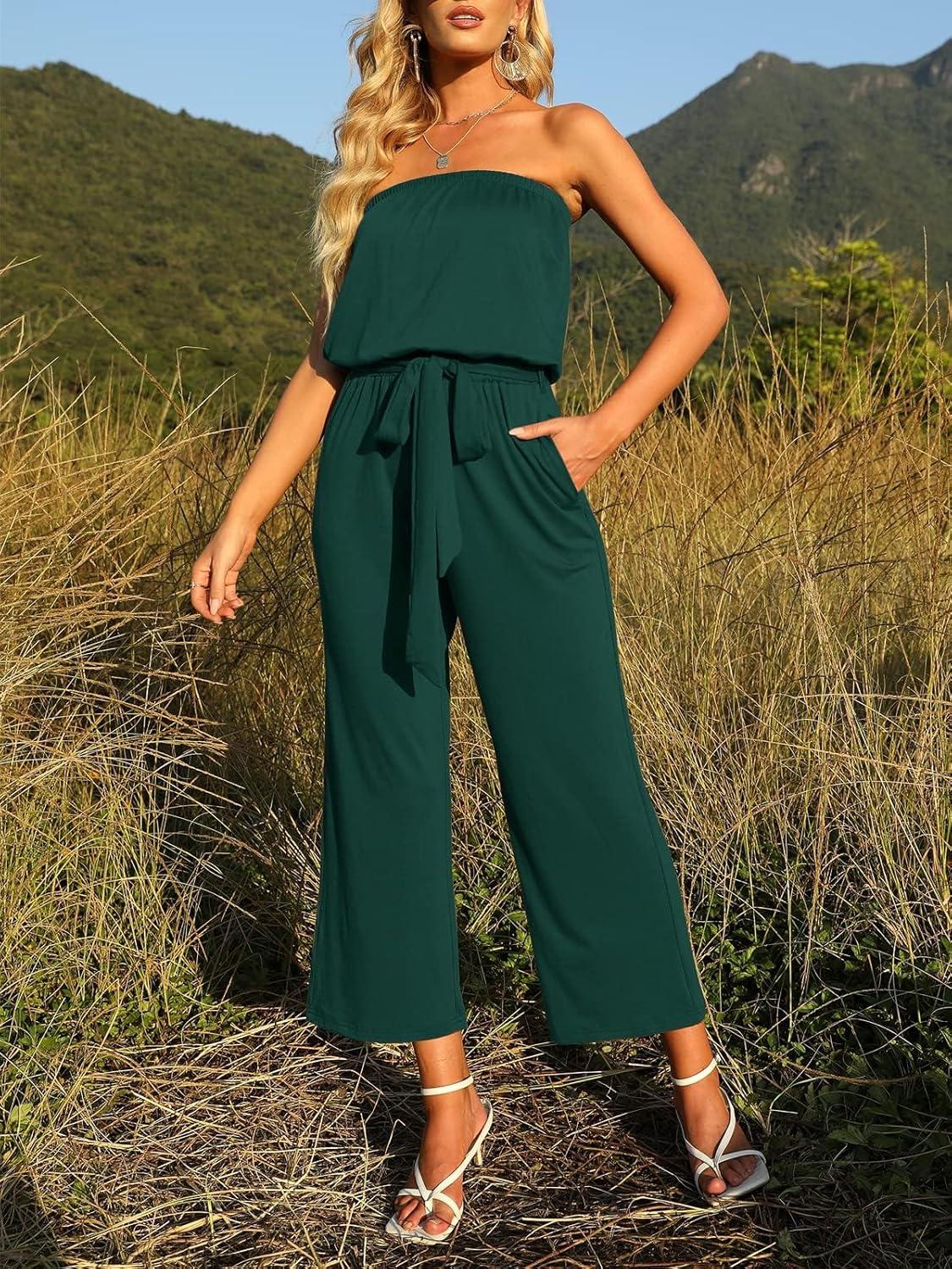imageZESICA Womens Casual Off Shoulder Solid Color Strapless Belted Wide Leg Jumpsuit RomperDarkgreen