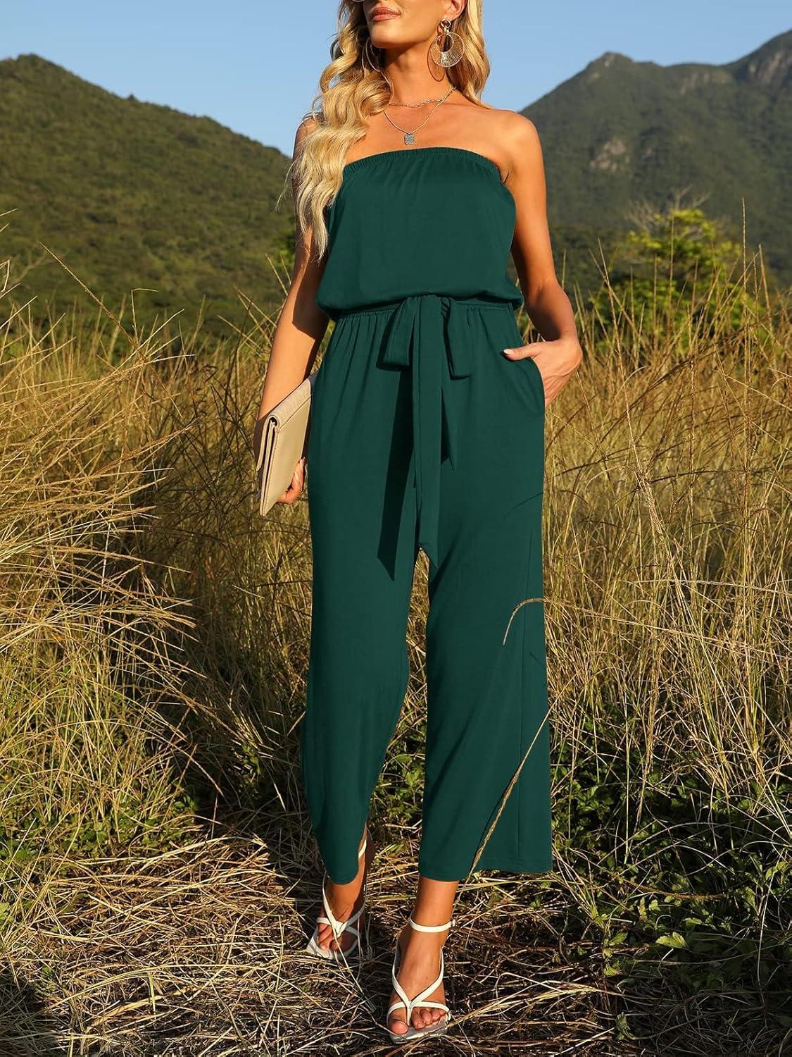 imageZESICA Womens Casual Off Shoulder Solid Color Strapless Belted Wide Leg Jumpsuit RomperDarkgreen