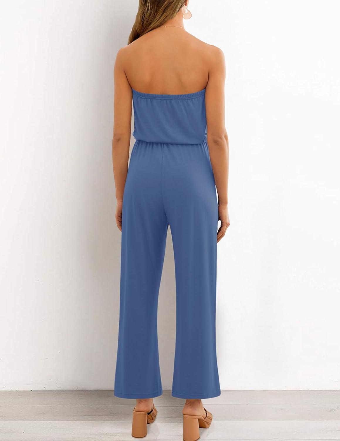 imageZESICA Womens Casual Off Shoulder Solid Color Strapless Belted Wide Leg Jumpsuit RomperDustyblue