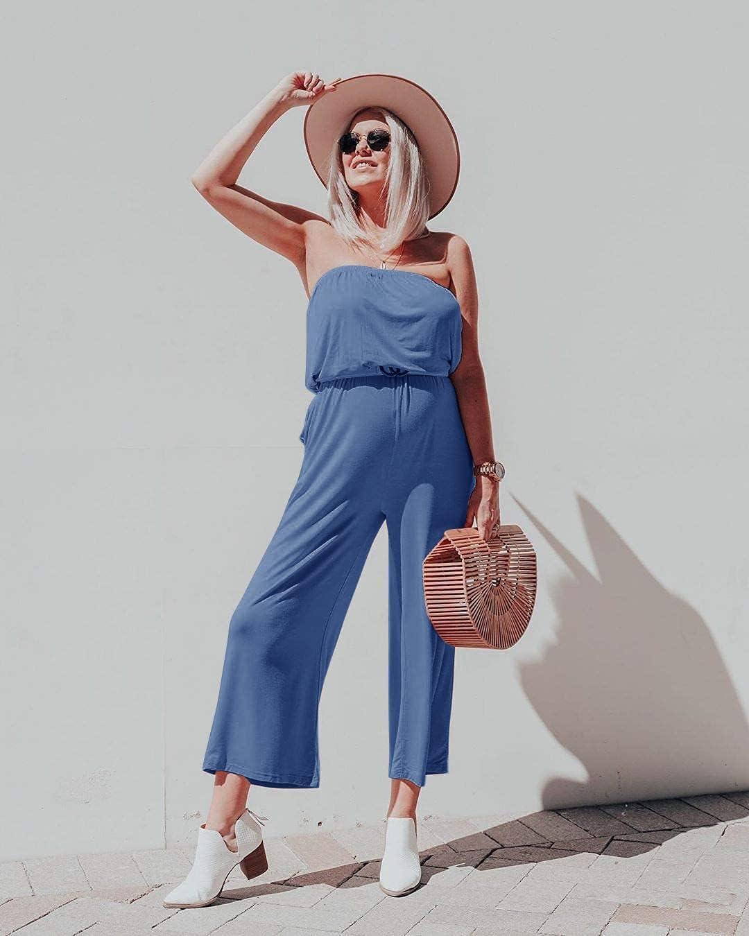 imageZESICA Womens Casual Off Shoulder Solid Color Strapless Belted Wide Leg Jumpsuit RomperDustyblue