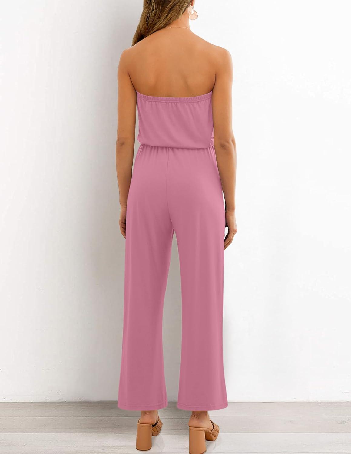 imageZESICA Womens Casual Off Shoulder Solid Color Strapless Belted Wide Leg Jumpsuit RomperDustypink