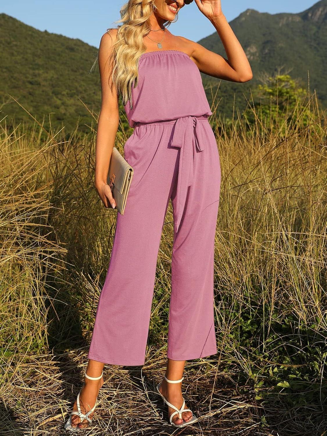 imageZESICA Womens Casual Off Shoulder Solid Color Strapless Belted Wide Leg Jumpsuit RomperDustypink