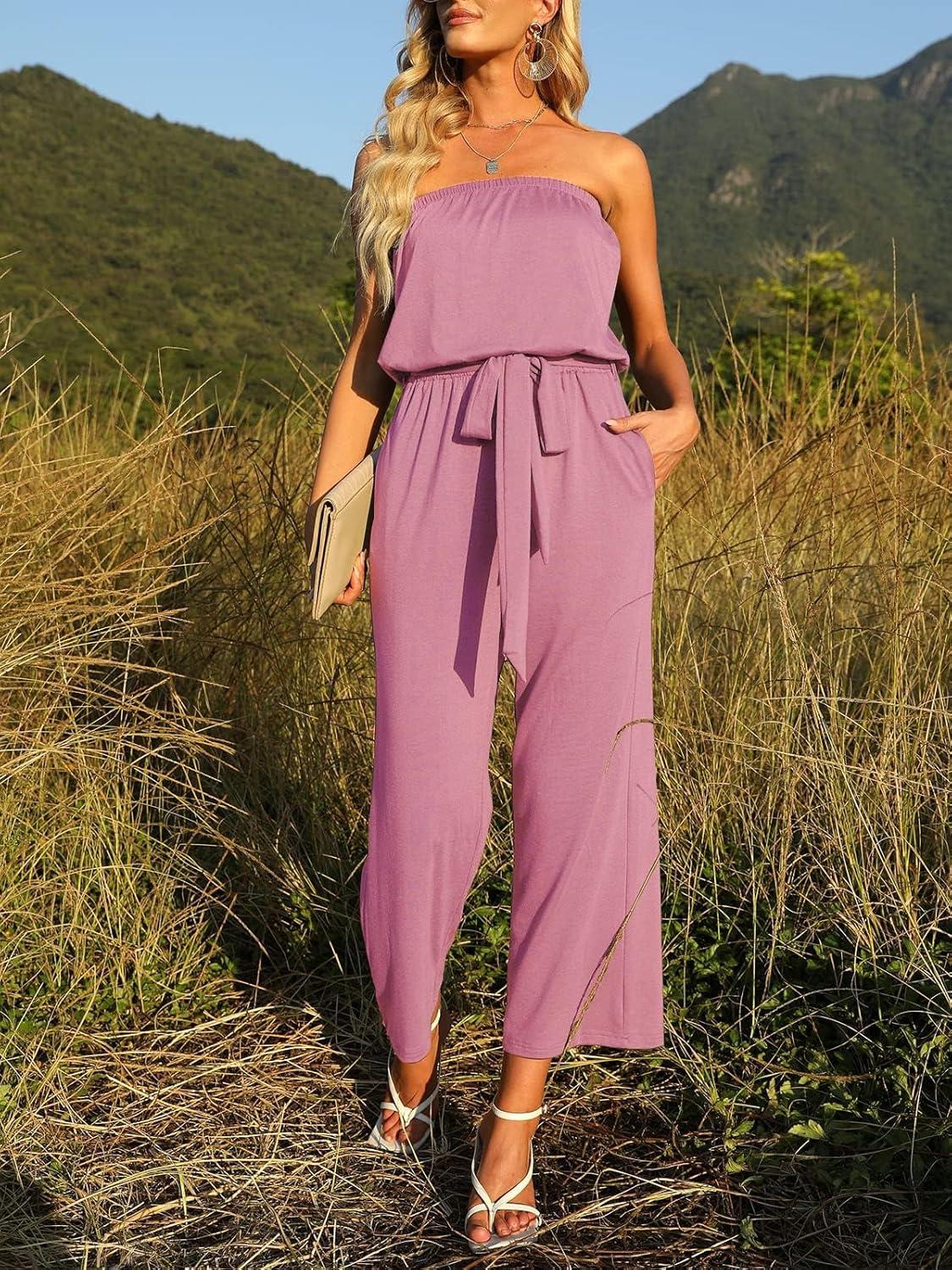 imageZESICA Womens Casual Off Shoulder Solid Color Strapless Belted Wide Leg Jumpsuit RomperDustypink