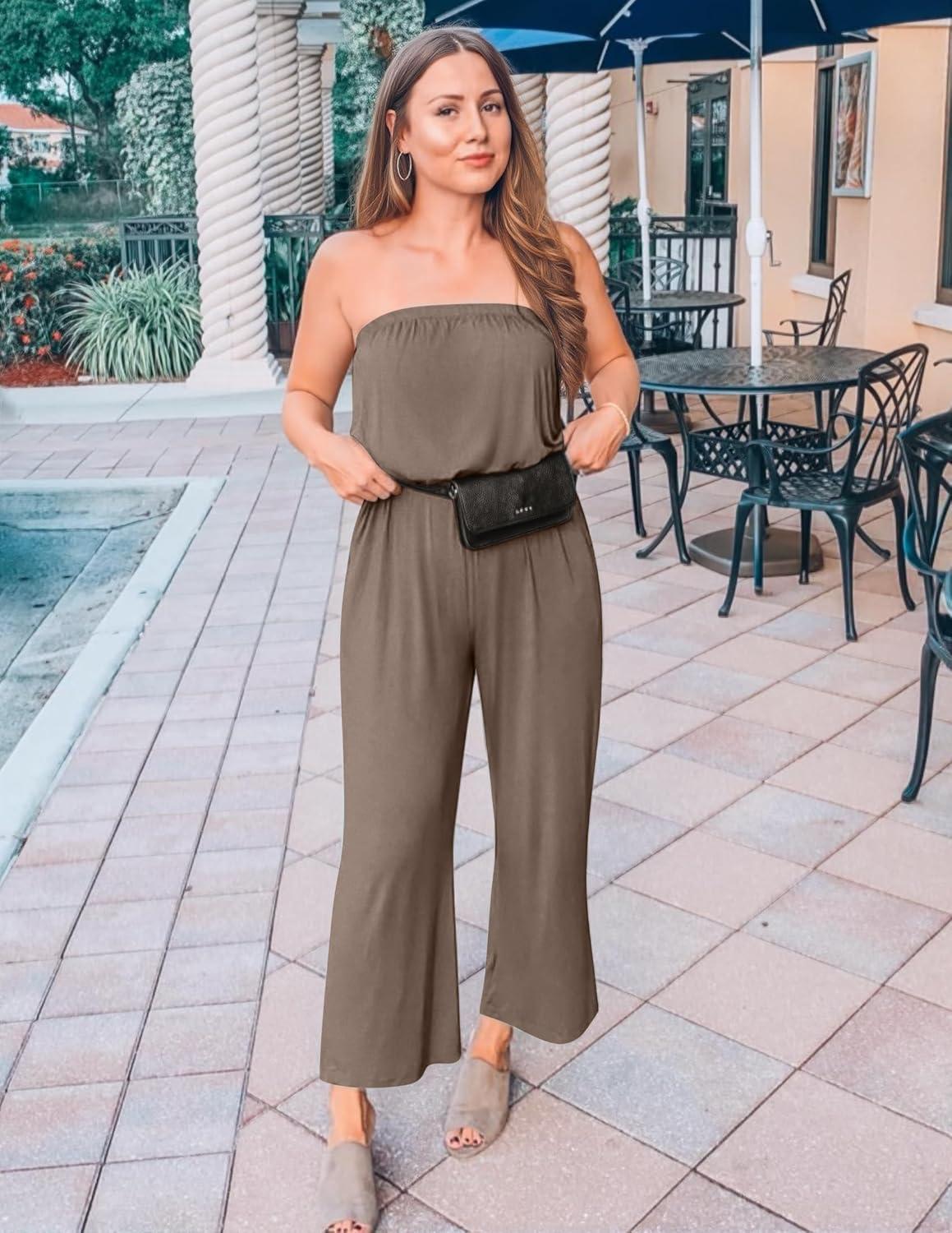 imageZESICA Womens Casual Off Shoulder Solid Color Strapless Belted Wide Leg Jumpsuit RomperMocha