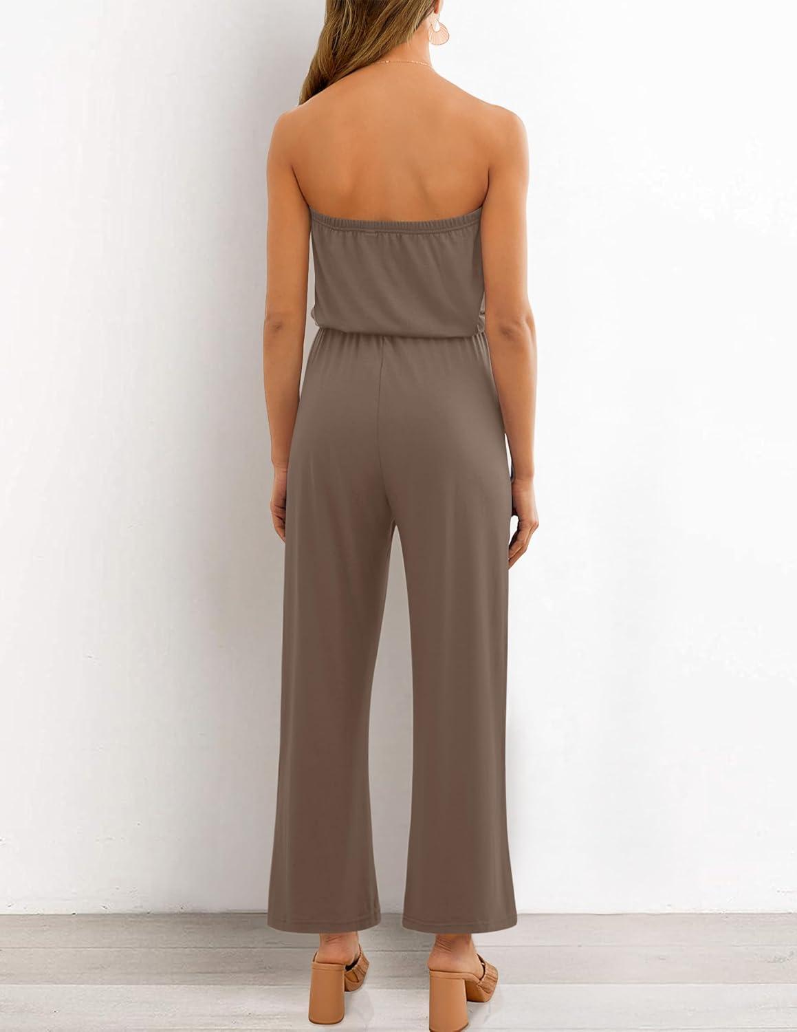 imageZESICA Womens Casual Off Shoulder Solid Color Strapless Belted Wide Leg Jumpsuit RomperMocha