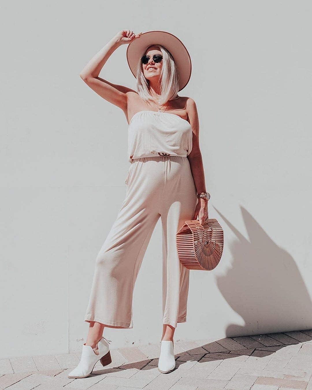 imageZESICA Womens Casual Off Shoulder Solid Color Strapless Belted Wide Leg Jumpsuit RomperNude