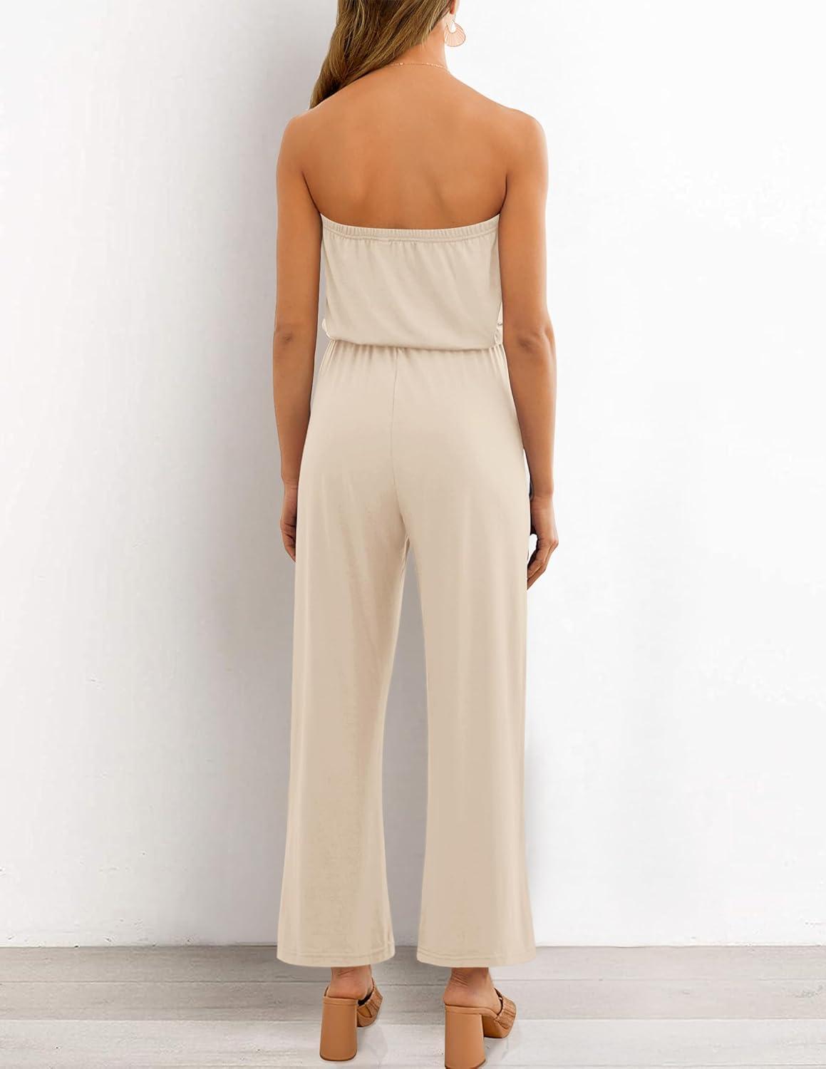 imageZESICA Womens Casual Off Shoulder Solid Color Strapless Belted Wide Leg Jumpsuit RomperNude