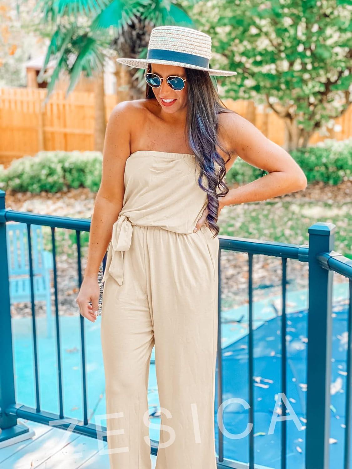 imageZESICA Womens Casual Off Shoulder Solid Color Strapless Belted Wide Leg Jumpsuit RomperNude