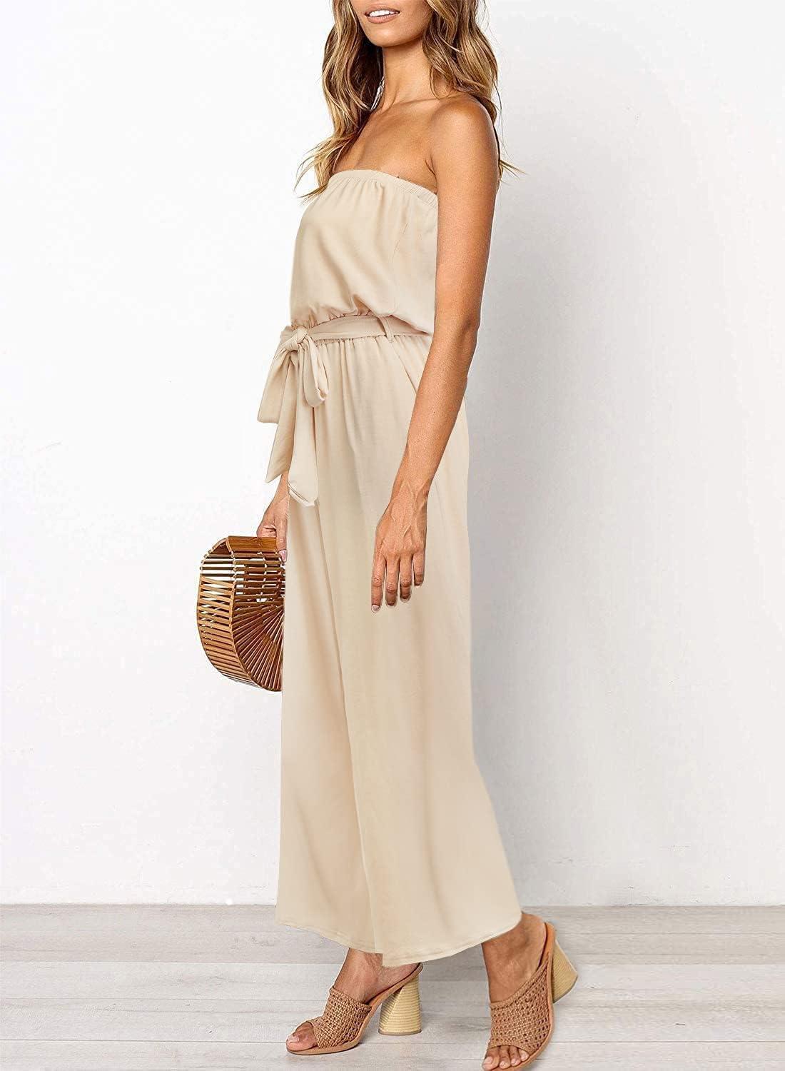 imageZESICA Womens Casual Off Shoulder Solid Color Strapless Belted Wide Leg Jumpsuit RomperNude
