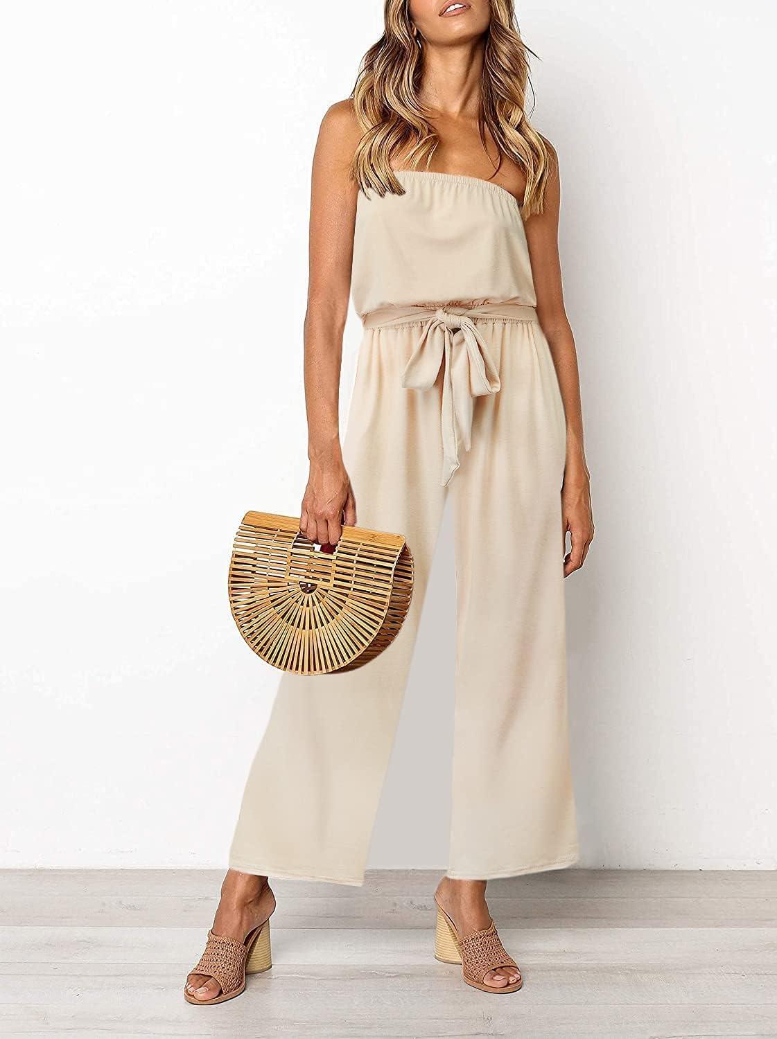 imageZESICA Womens Casual Off Shoulder Solid Color Strapless Belted Wide Leg Jumpsuit RomperNude