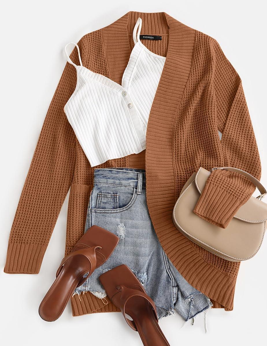 imageZESICA Womens Fall Winter 2026 Long Sleeve Open Front Casual Lightweight Soft Knit Cardigan Sweater OuterwearBrown