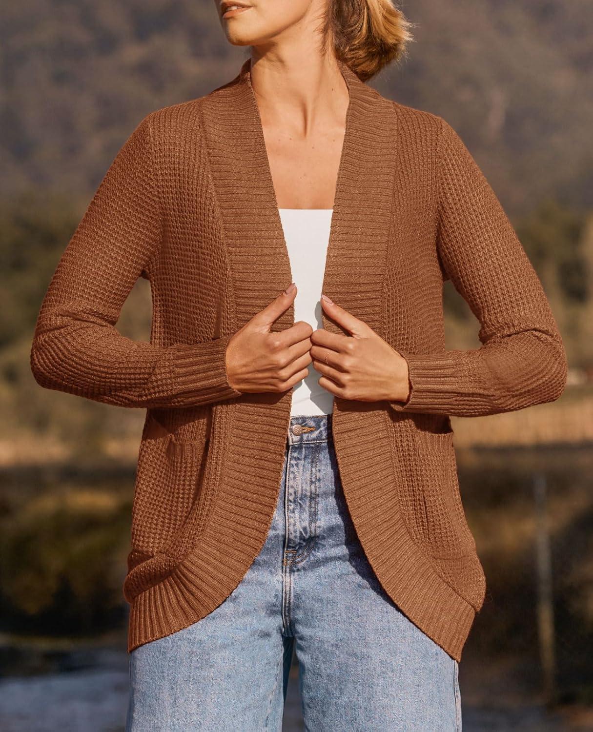 imageZESICA Womens Fall Winter 2026 Long Sleeve Open Front Casual Lightweight Soft Knit Cardigan Sweater OuterwearBrown