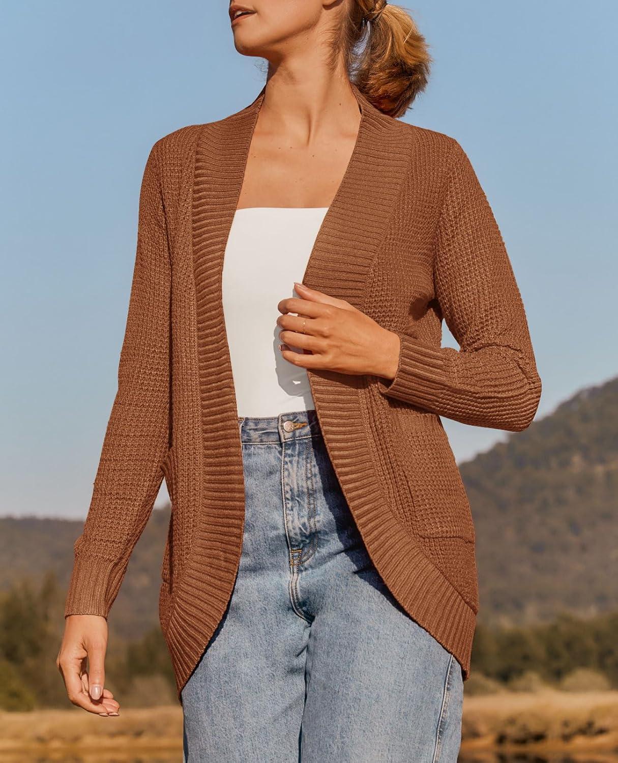 imageZESICA Womens Fall Winter 2026 Long Sleeve Open Front Casual Lightweight Soft Knit Cardigan Sweater OuterwearBrown