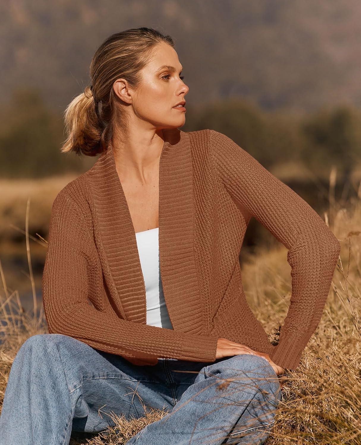 imageZESICA Womens Fall Winter 2026 Long Sleeve Open Front Casual Lightweight Soft Knit Cardigan Sweater OuterwearBrown