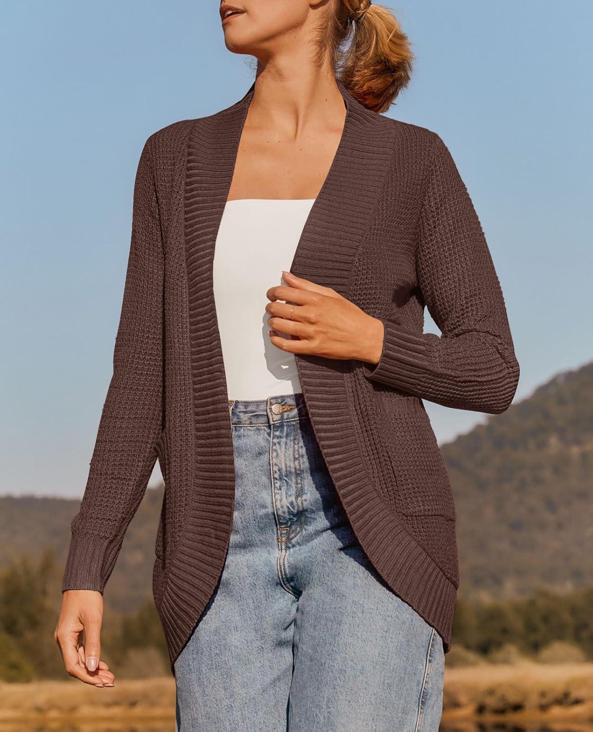 imageZESICA Womens Fall Winter 2026 Long Sleeve Open Front Casual Lightweight Soft Knit Cardigan Sweater OuterwearCoffee