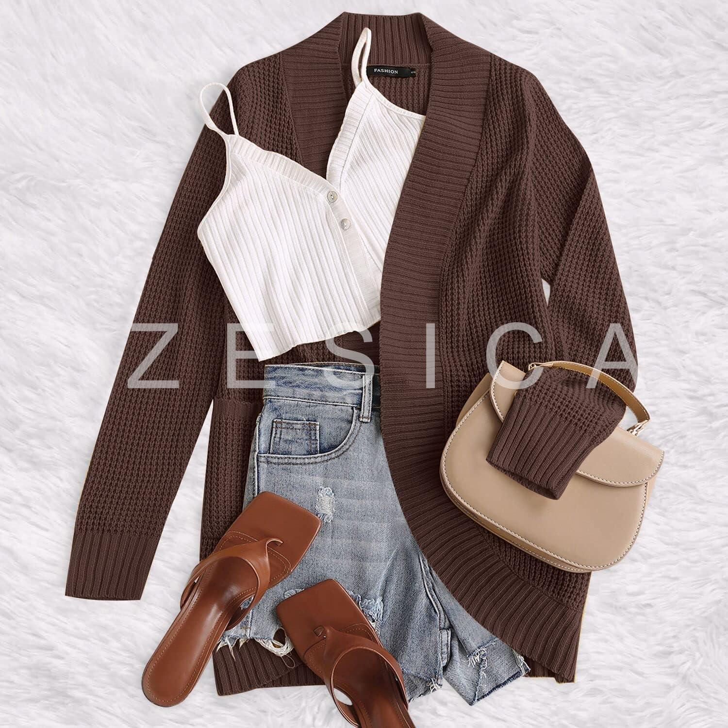 imageZESICA Womens Fall Winter 2026 Long Sleeve Open Front Casual Lightweight Soft Knit Cardigan Sweater OuterwearCoffee