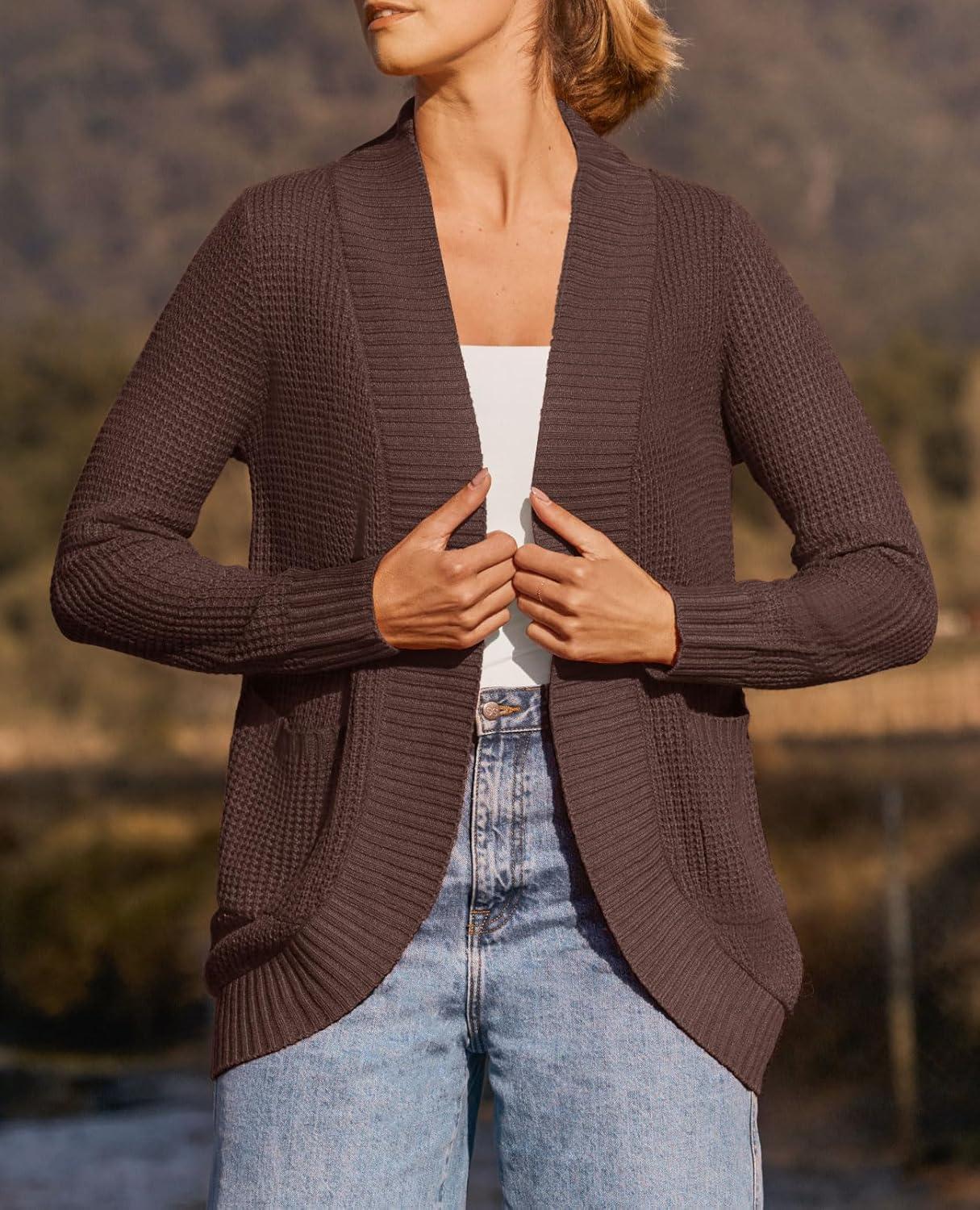 imageZESICA Womens Fall Winter 2026 Long Sleeve Open Front Casual Lightweight Soft Knit Cardigan Sweater OuterwearCoffee