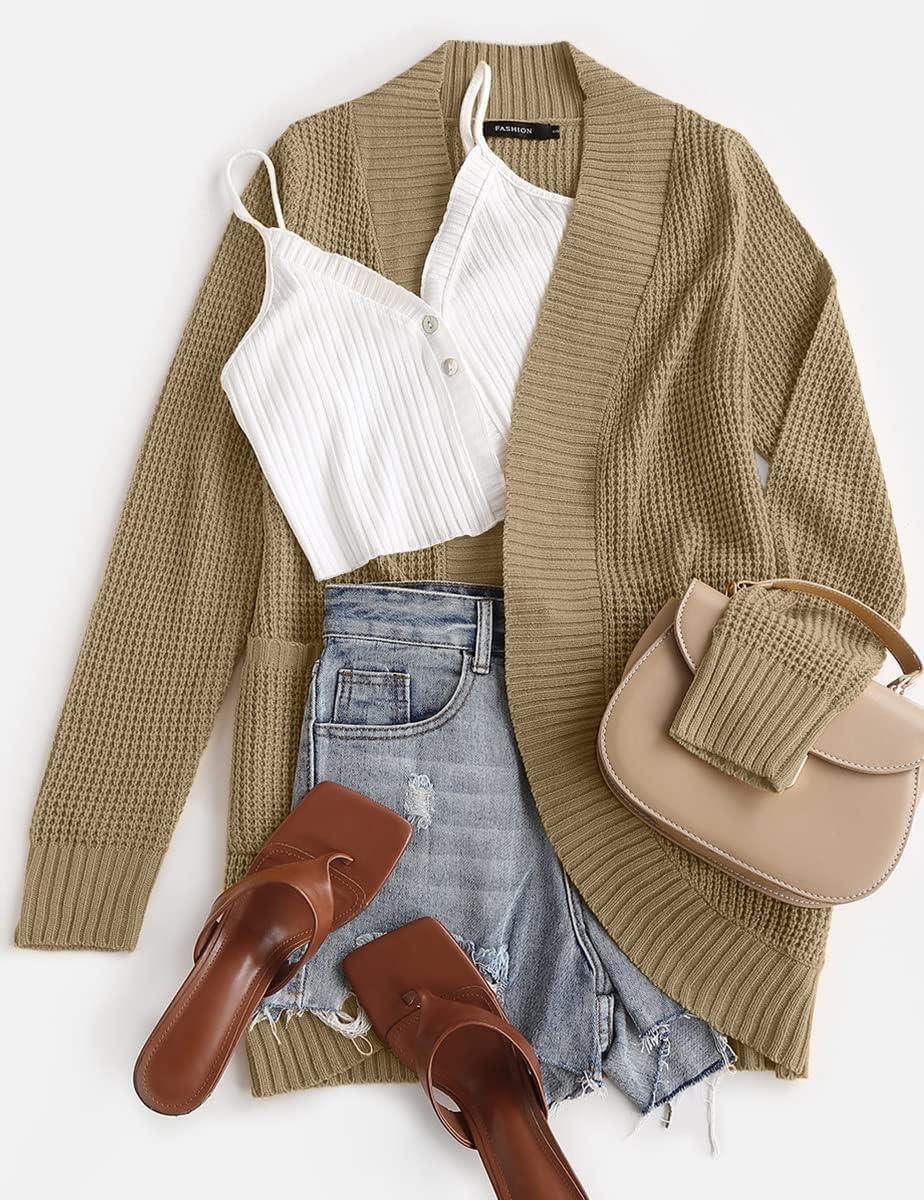 imageZESICA Womens Fall Winter 2026 Long Sleeve Open Front Casual Lightweight Soft Knit Cardigan Sweater OuterwearLightkhaki