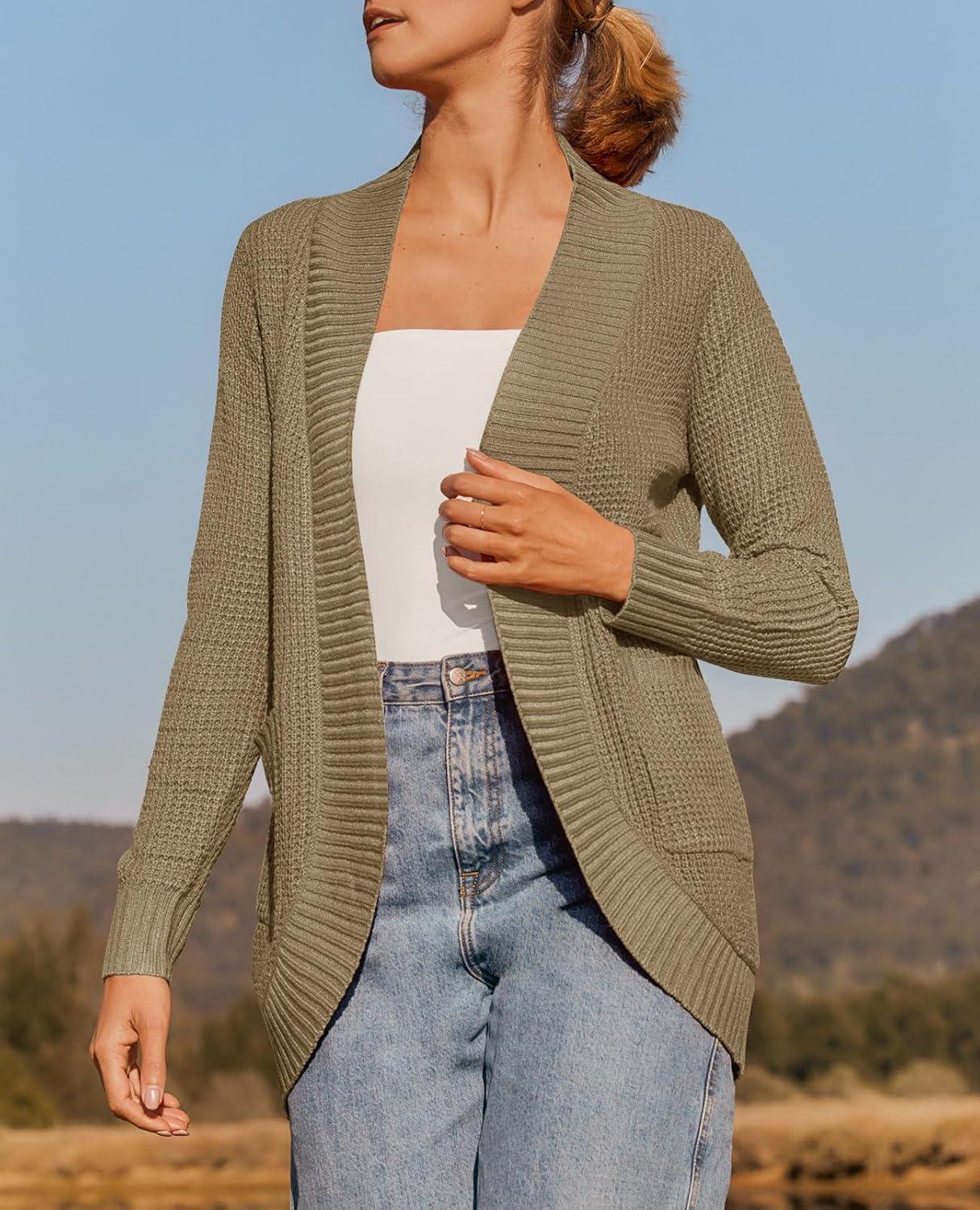 imageZESICA Womens Fall Winter 2026 Long Sleeve Open Front Casual Lightweight Soft Knit Cardigan Sweater OuterwearLightkhaki