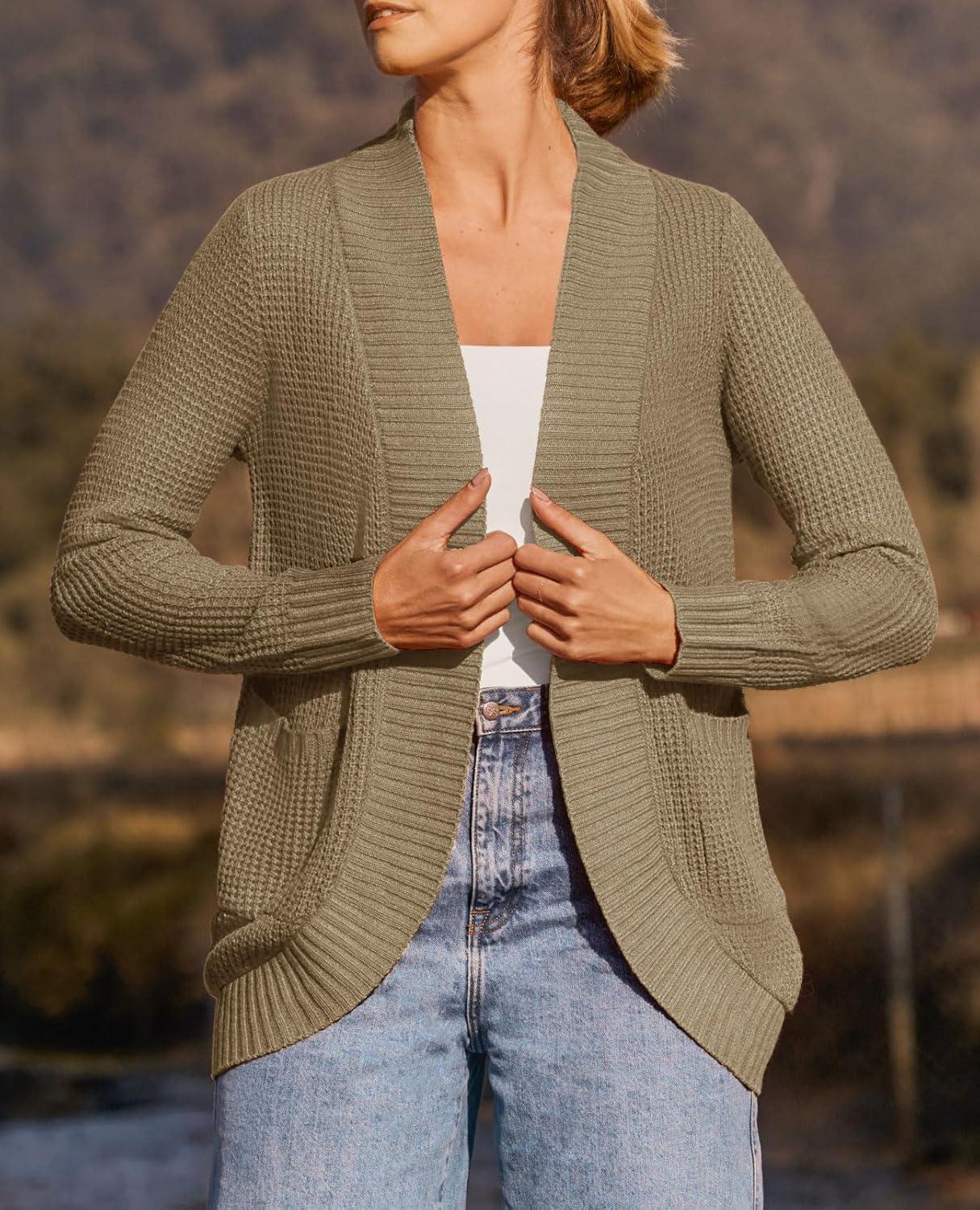imageZESICA Womens Fall Winter 2026 Long Sleeve Open Front Casual Lightweight Soft Knit Cardigan Sweater OuterwearLightkhaki