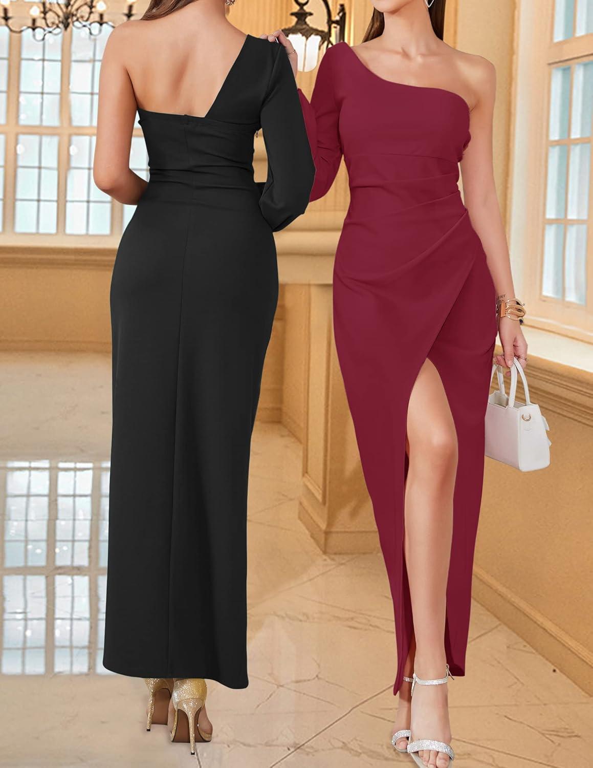imageZESICA Womens One Shoulder Long Sleeve Cocktail Dress Sexy High Slit Ruched Bodycon Wedding Guest Maxi DressesBlack