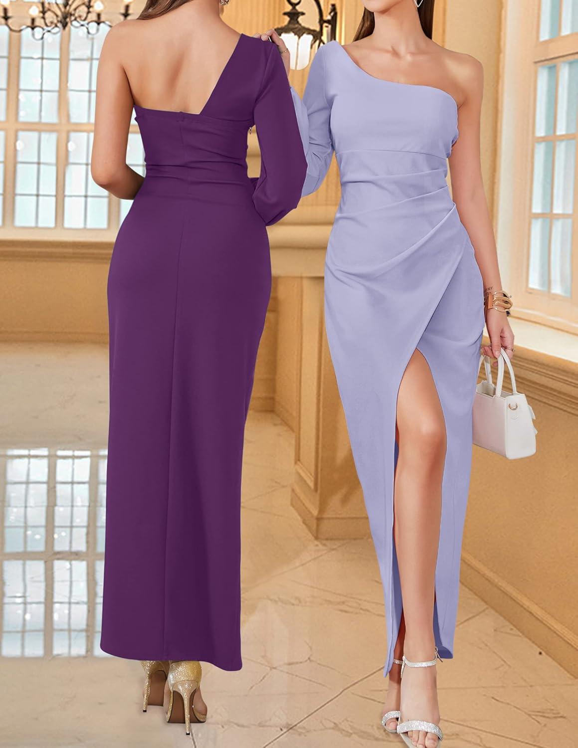 imageZESICA Womens One Shoulder Long Sleeve Cocktail Dress Sexy High Slit Ruched Bodycon Wedding Guest Maxi DressesDarkpurple