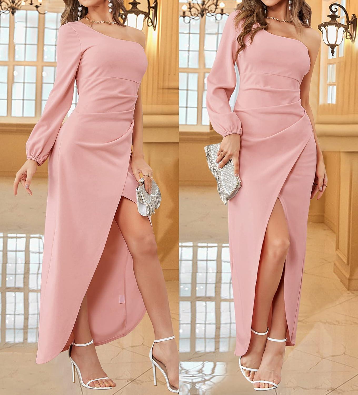 imageZESICA Womens One Shoulder Long Sleeve Cocktail Dress Sexy High Slit Ruched Bodycon Wedding Guest Maxi DressesPink
