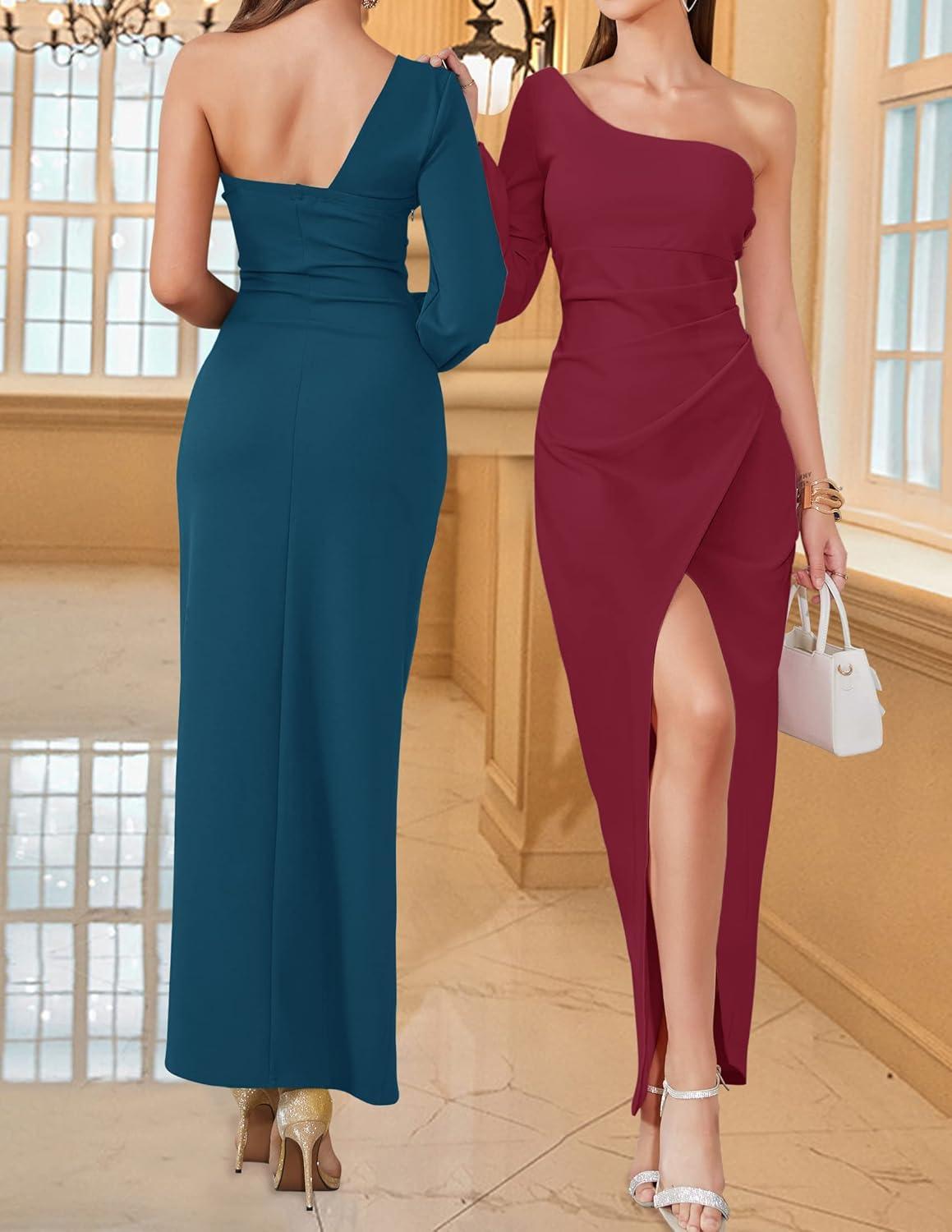 imageZESICA Womens One Shoulder Long Sleeve Cocktail Dress Sexy High Slit Ruched Bodycon Wedding Guest Maxi DressesTeal
