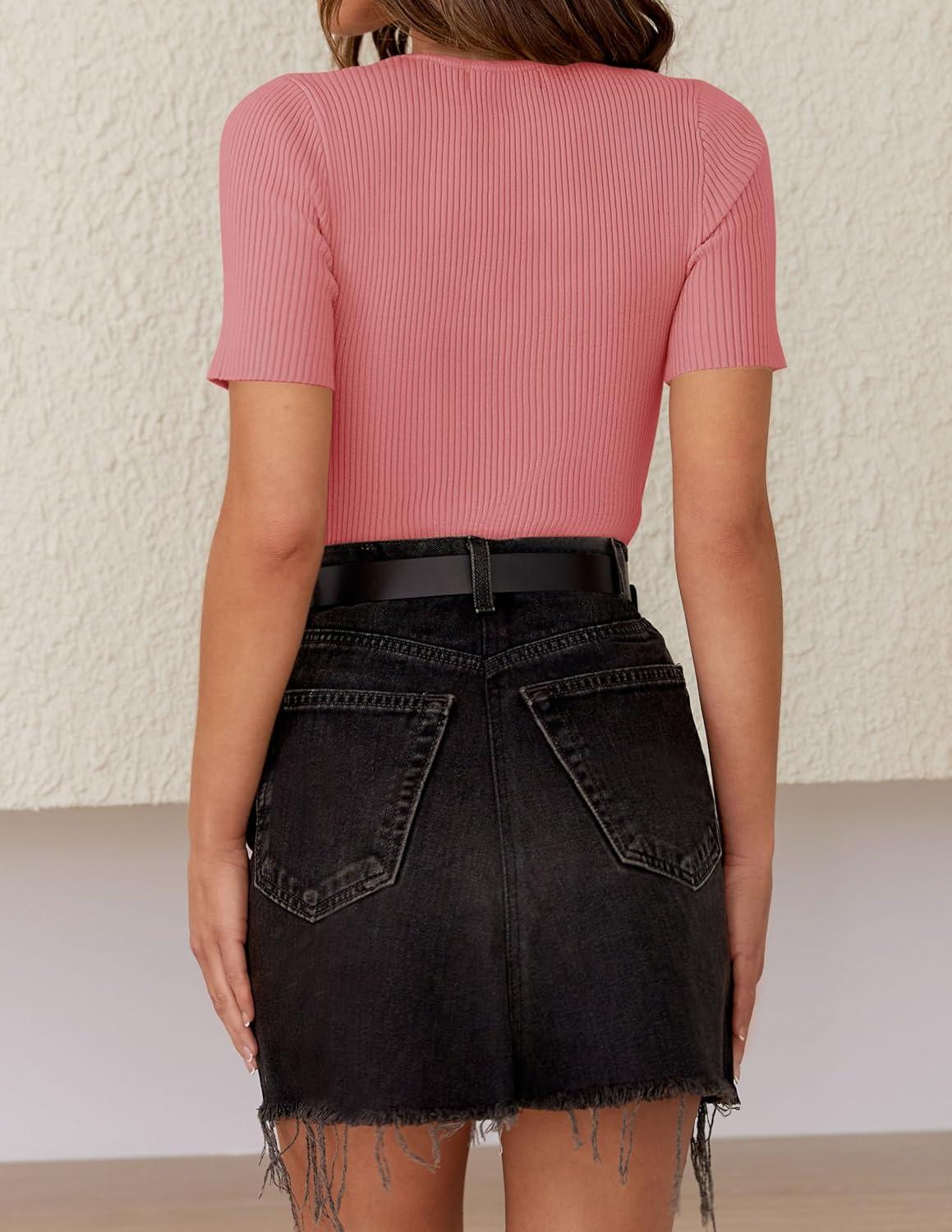 imageZESICA Womens Short Sleeve Sweater Tops 2026 Summer Crewneck T Shirt Ribbed Knit Slim Fit Basic Solid Color TeeDustypink