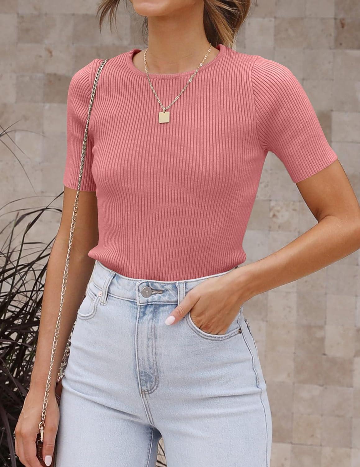imageZESICA Womens Short Sleeve Sweater Tops 2026 Summer Crewneck T Shirt Ribbed Knit Slim Fit Basic Solid Color TeeDustypink