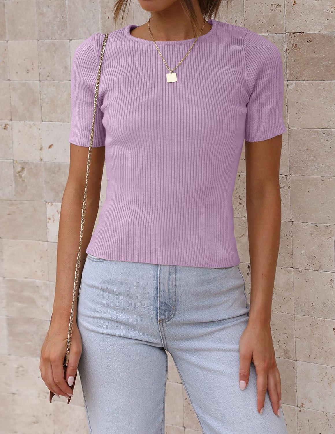 imageZESICA Womens Short Sleeve Sweater Tops 2026 Summer Crewneck T Shirt Ribbed Knit Slim Fit Basic Solid Color TeePurple