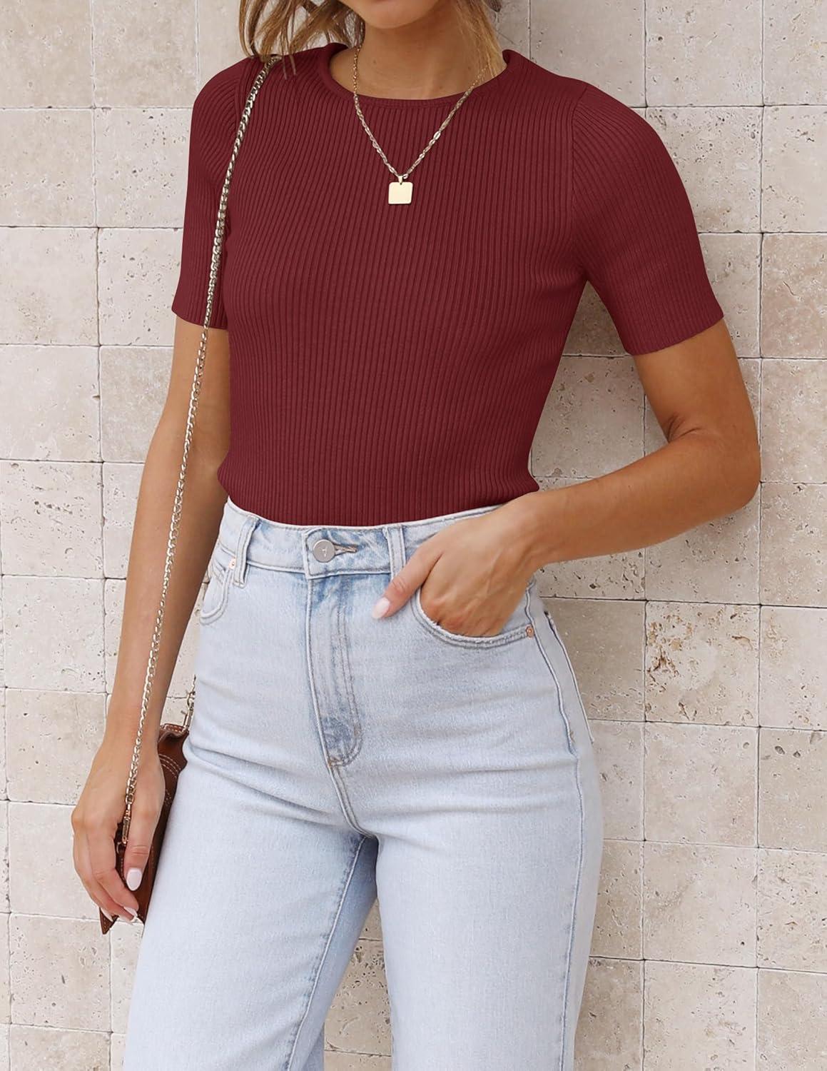 imageZESICA Womens Short Sleeve Sweater Tops 2026 Summer Crewneck T Shirt Ribbed Knit Slim Fit Basic Solid Color TeeWine