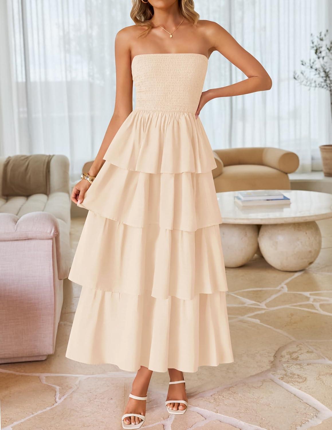 imageZESICA Womens Summer Boho Strapless Maxi Dress 2026 Casual Sleeveless Off Shoulder Smocked Tiered Beach Long SundressApricot