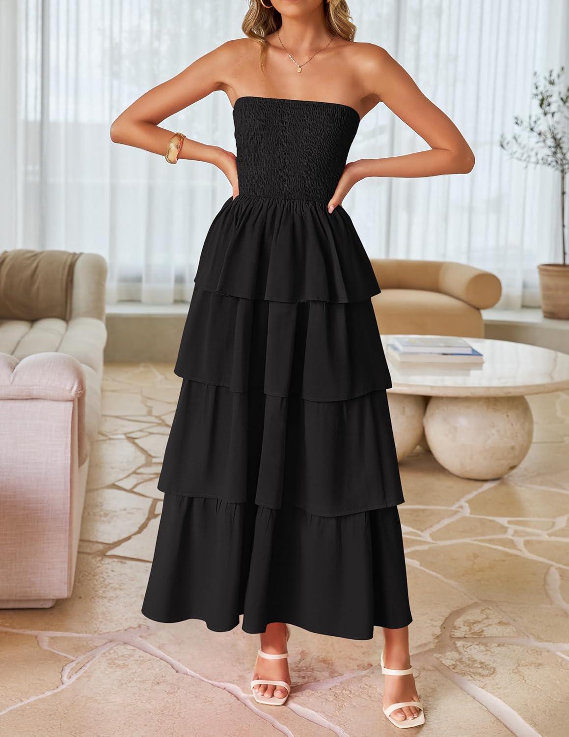 imageZESICA Womens Summer Boho Strapless Maxi Dress 2026 Casual Sleeveless Off Shoulder Smocked Tiered Beach Long SundressBlack