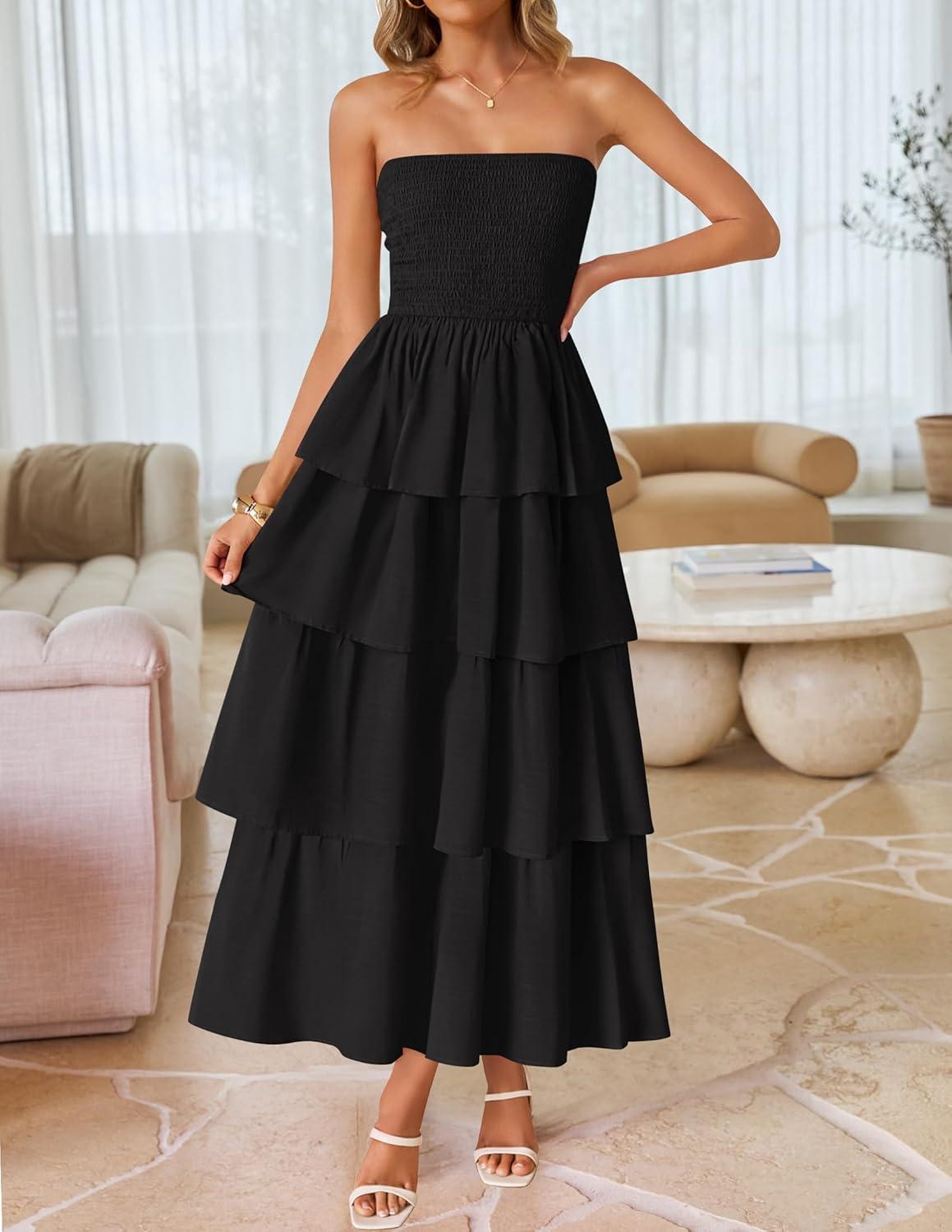 imageZESICA Womens Summer Boho Strapless Maxi Dress 2026 Casual Sleeveless Off Shoulder Smocked Tiered Beach Long SundressBlack