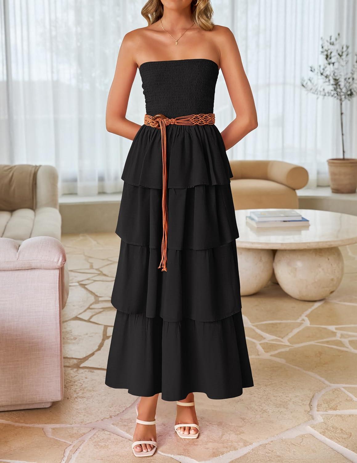 imageZESICA Womens Summer Boho Strapless Maxi Dress 2026 Casual Sleeveless Off Shoulder Smocked Tiered Beach Long SundressBlack