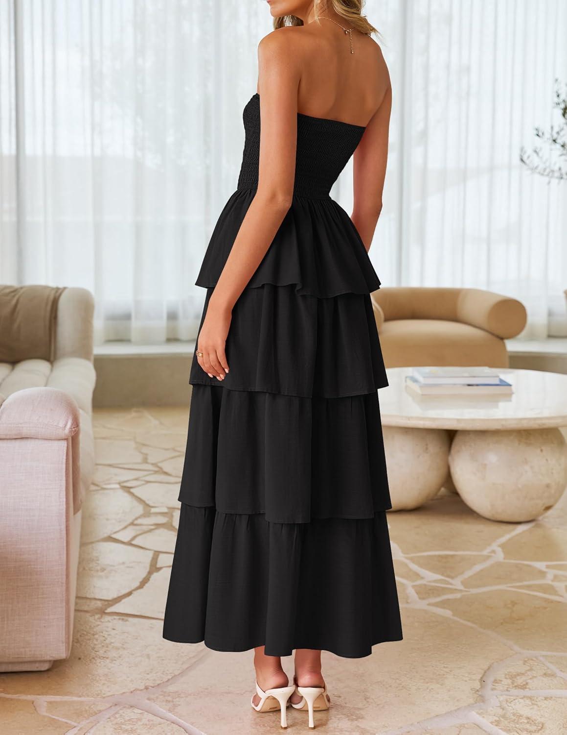 imageZESICA Womens Summer Boho Strapless Maxi Dress 2026 Casual Sleeveless Off Shoulder Smocked Tiered Beach Long SundressBlack