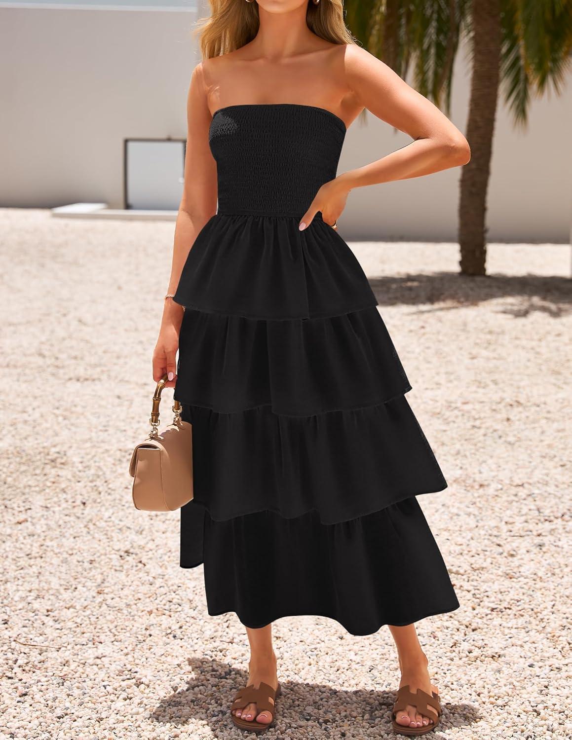 imageZESICA Womens Summer Boho Strapless Maxi Dress 2026 Casual Sleeveless Off Shoulder Smocked Tiered Beach Long SundressBlack