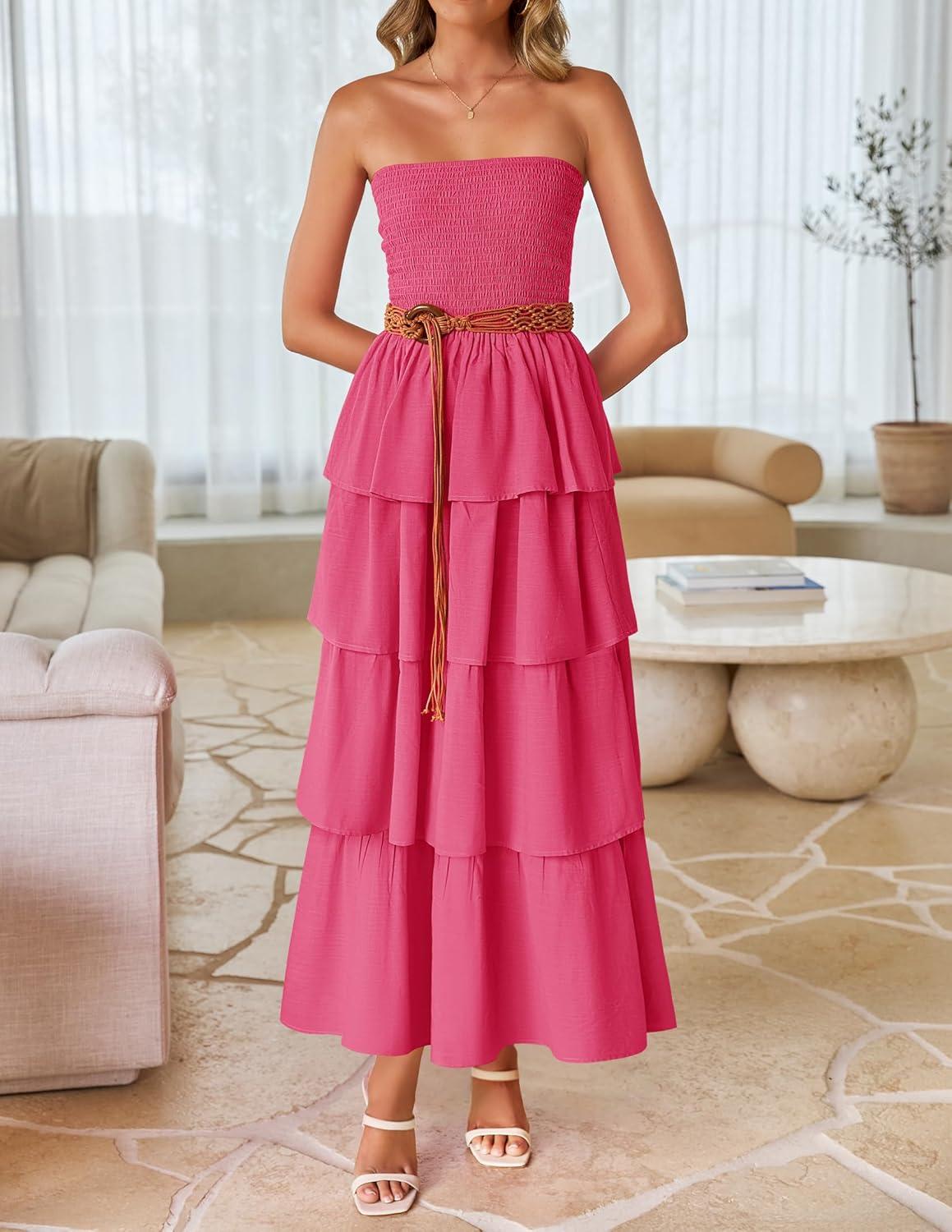 imageZESICA Womens Summer Boho Strapless Maxi Dress 2026 Casual Sleeveless Off Shoulder Smocked Tiered Beach Long SundressHot Pink