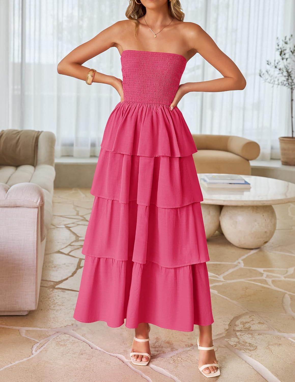 imageZESICA Womens Summer Boho Strapless Maxi Dress 2026 Casual Sleeveless Off Shoulder Smocked Tiered Beach Long SundressHot Pink