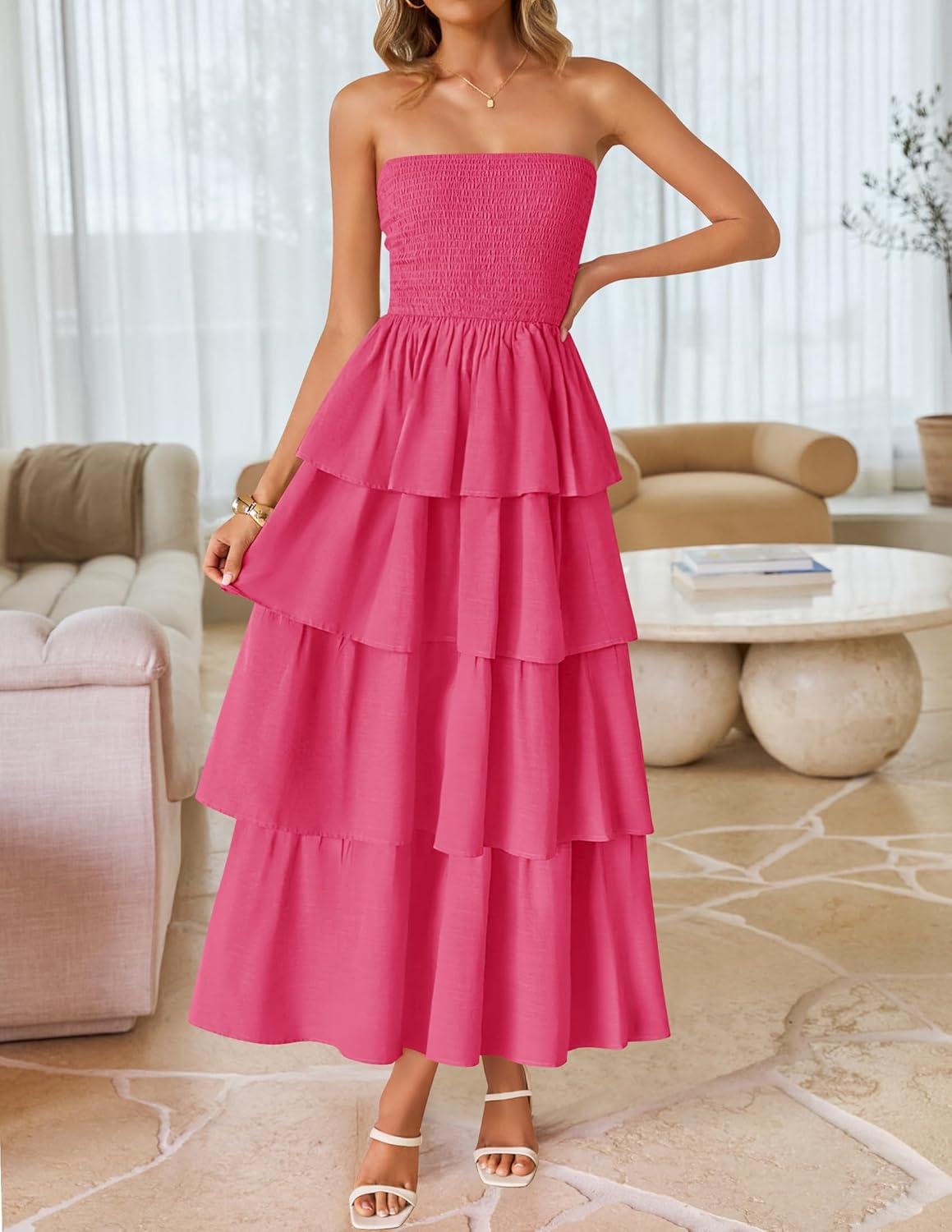 imageZESICA Womens Summer Boho Strapless Maxi Dress 2026 Casual Sleeveless Off Shoulder Smocked Tiered Beach Long SundressHot Pink
