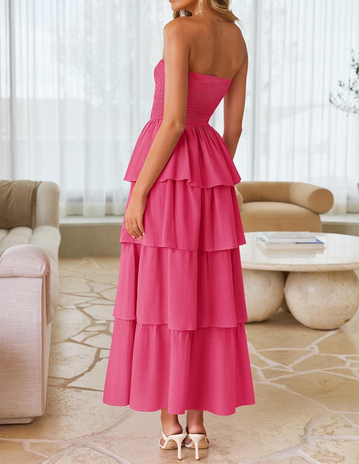 imageZESICA Womens Summer Boho Strapless Maxi Dress 2026 Casual Sleeveless Off Shoulder Smocked Tiered Beach Long SundressHot Pink