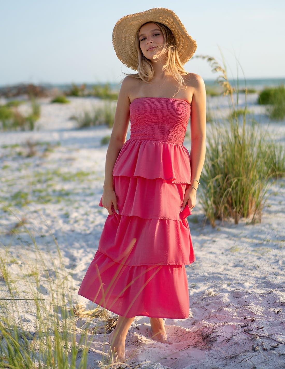 imageZESICA Womens Summer Boho Strapless Maxi Dress 2026 Casual Sleeveless Off Shoulder Smocked Tiered Beach Long SundressHot Pink