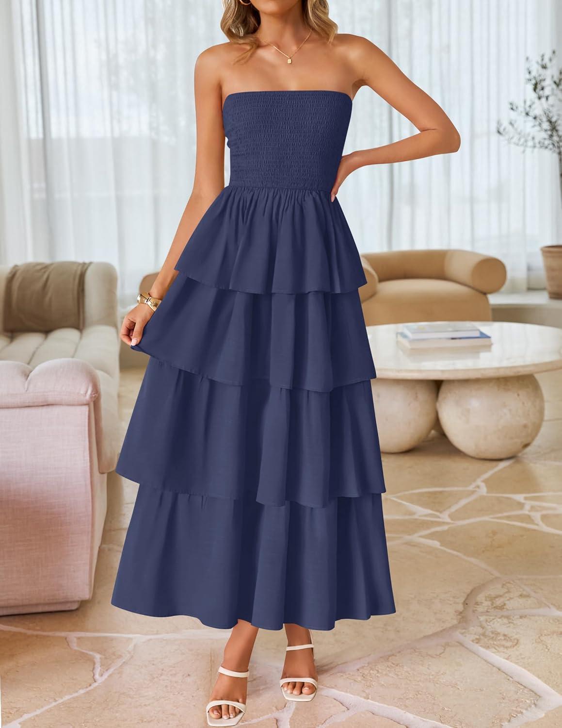 imageZESICA Womens Summer Boho Strapless Maxi Dress 2026 Casual Sleeveless Off Shoulder Smocked Tiered Beach Long SundressNavy