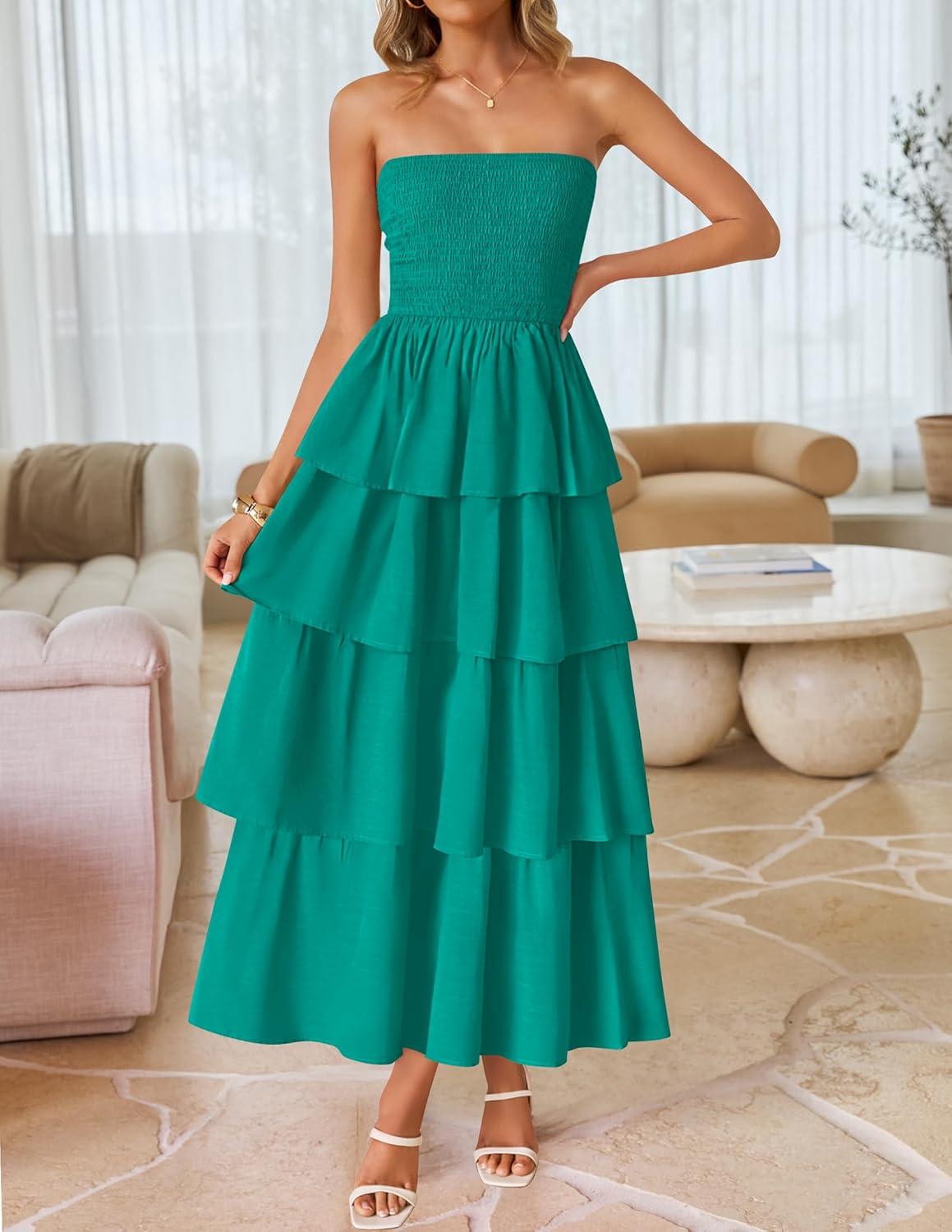 imageZESICA Womens Summer Boho Strapless Maxi Dress 2026 Casual Sleeveless Off Shoulder Smocked Tiered Beach Long SundressPeacock