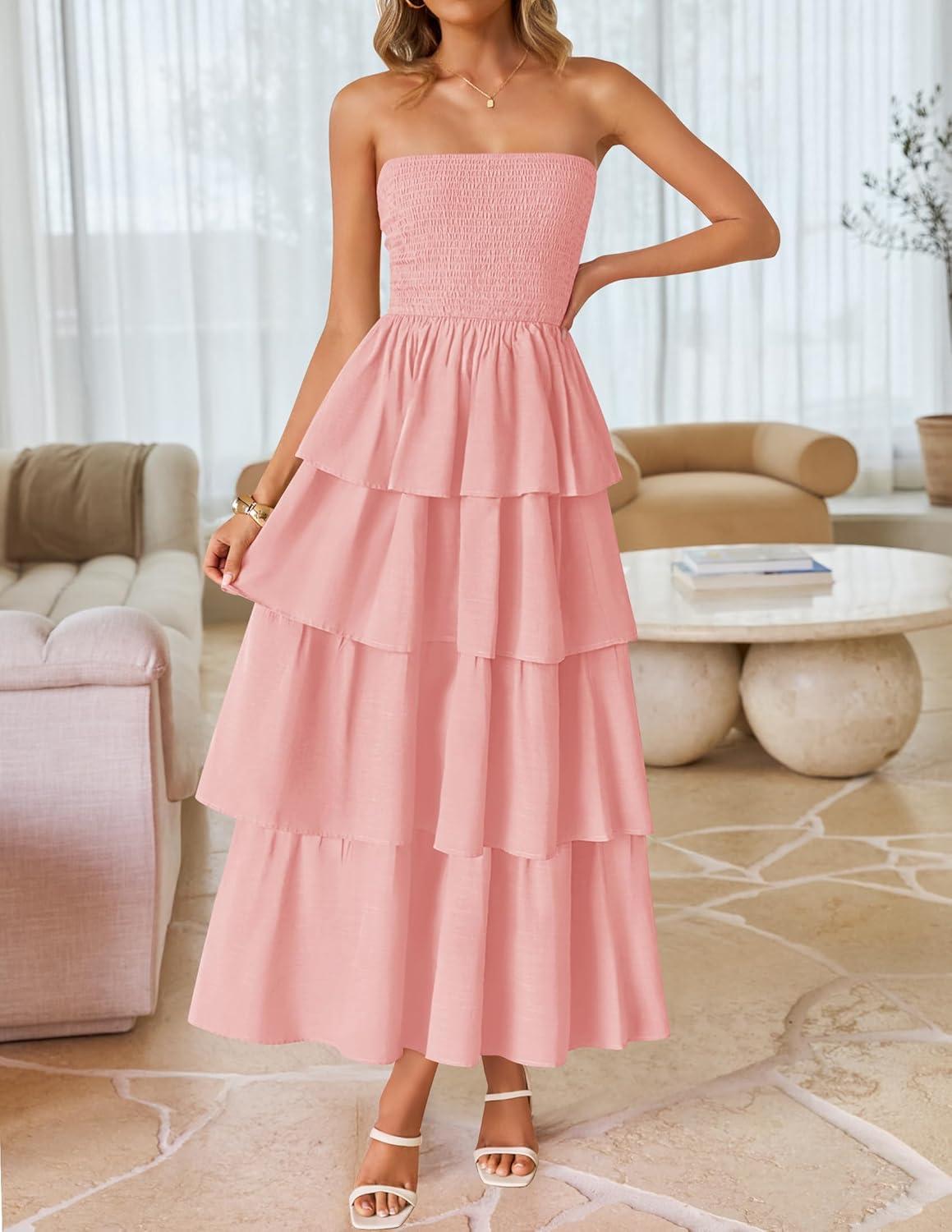 imageZESICA Womens Summer Boho Strapless Maxi Dress 2026 Casual Sleeveless Off Shoulder Smocked Tiered Beach Long SundressPink