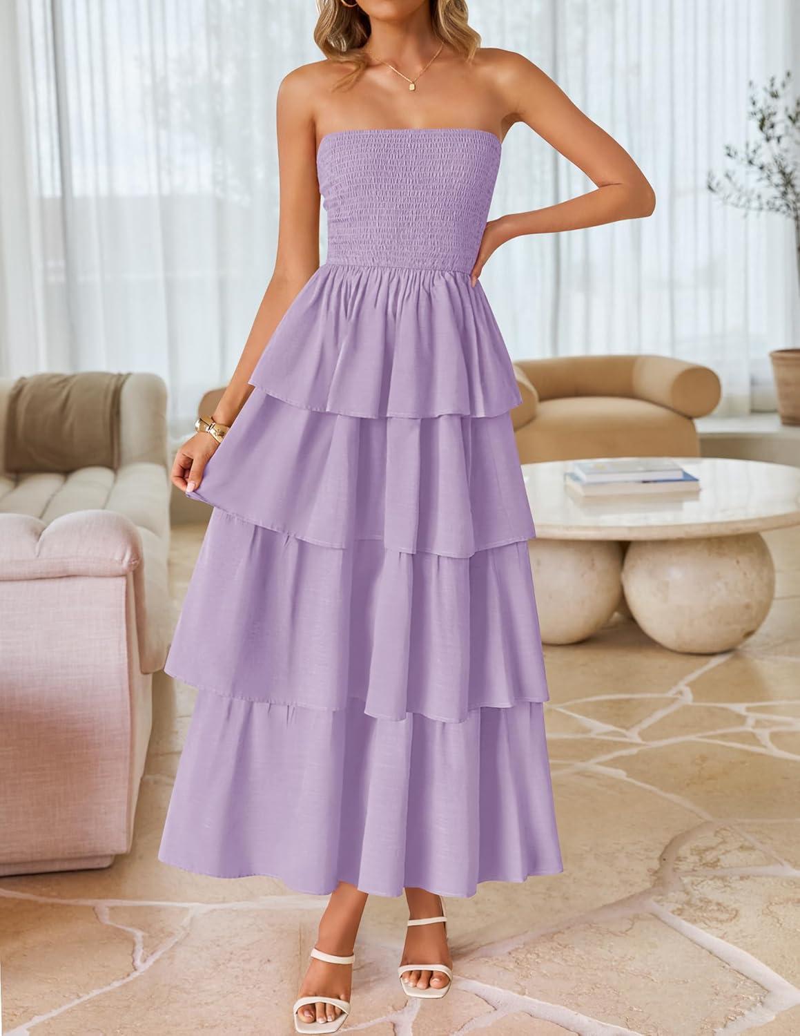 imageZESICA Womens Summer Boho Strapless Maxi Dress 2026 Casual Sleeveless Off Shoulder Smocked Tiered Beach Long SundressPurple